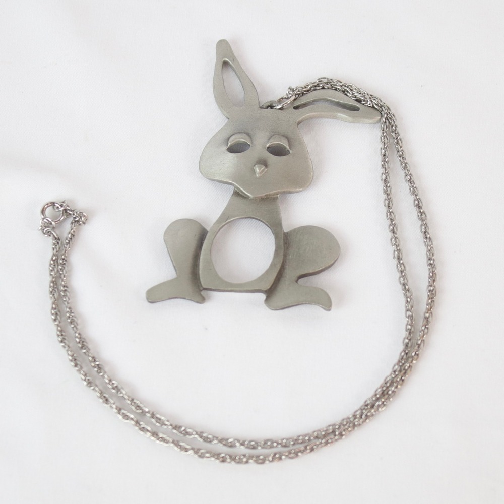 Vintage Brutalist Large Silver Tone Pewter Bunny Rabbit Pendant Necklace